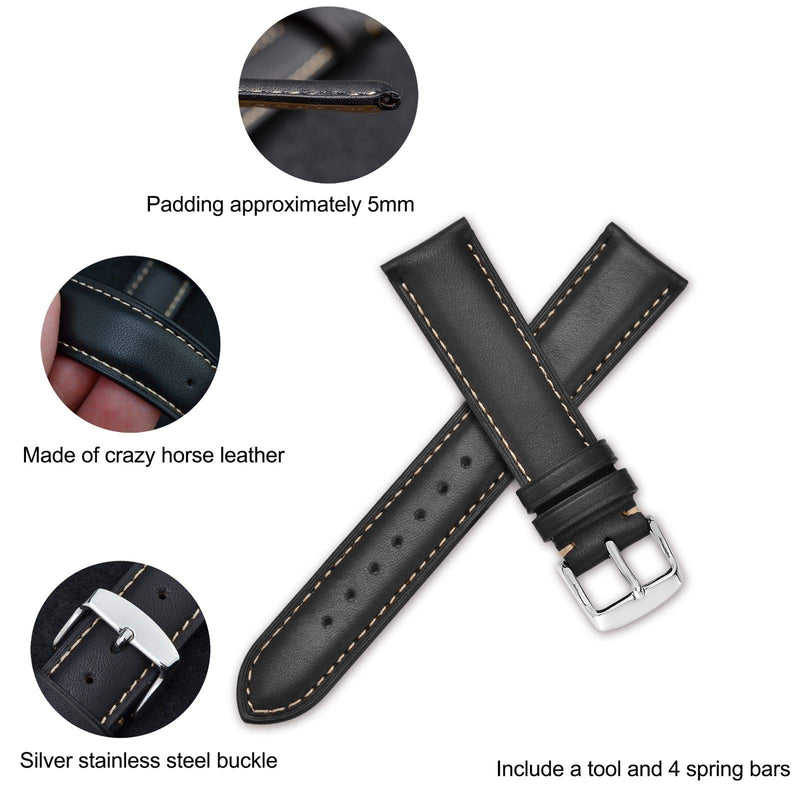 [Australia] - WOCCI Watch Band, Vintage Leather Watch Strap 14mm 16mm 18mm 19mm 20mm 21mm 22mm 23mm 24mm,Choice of Color and Width 14mm - 9/16" Black / Contrasting Stitch 