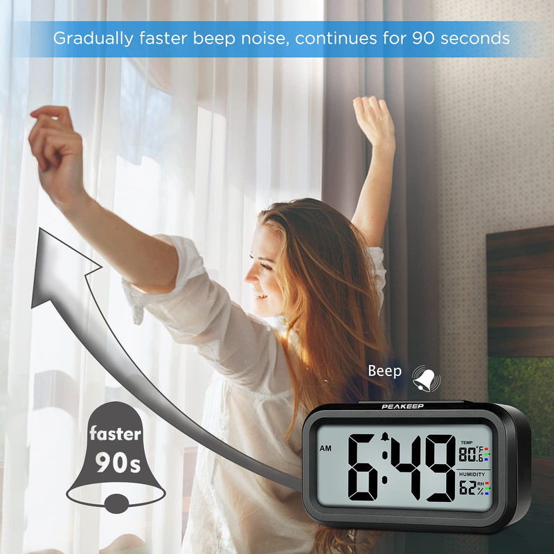 [Australia] - Peakeep Alarm Clock Battery Operated - Indoor Temperature Humidity Digital Display for Bedrooms, Smart Night Light, Small Easy Desk Bedside Gifts Clock Black 1 