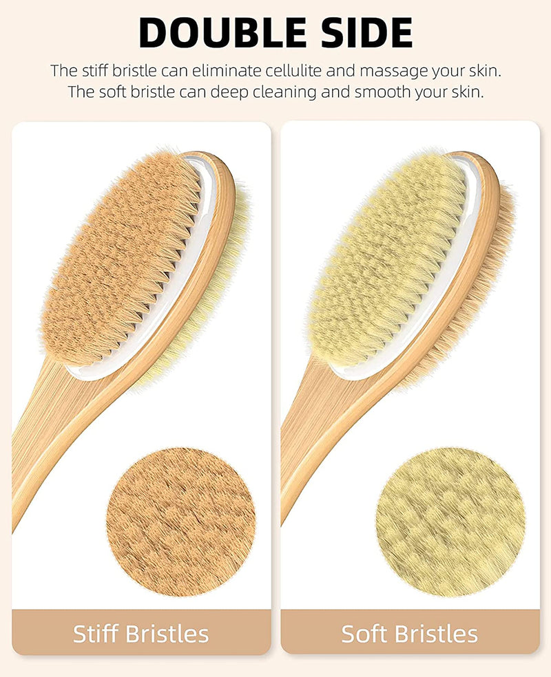 [Australia] - Metene Back Scrubber for Shower, Shower Brush for Exfoliating Skin and A Soft Scrub, Double-sided Body Brush Head for Wet or Dry Brushing, Long Wooden Handle Cleans the Body Easily 