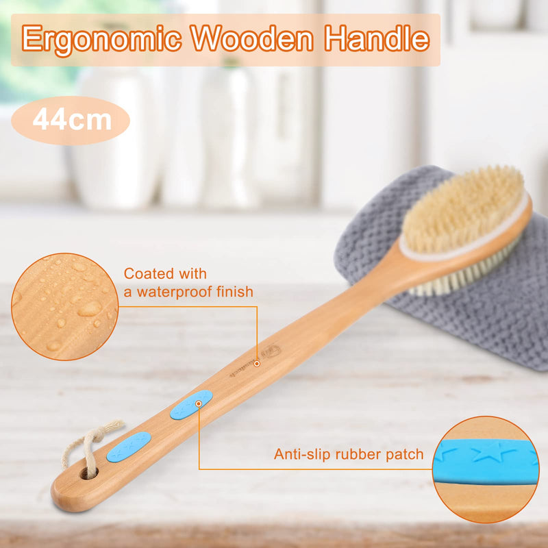 [Australia] - FREATECH Bath Shower Brush Back Scrubber - 44cm Long Wooden Handle Double-sided Back Brush Body Exfoliator, Soft and Stiff Bristles for Wet or Dry Brushing, Cellulite Removal and Lymphatic Drainage Blue 