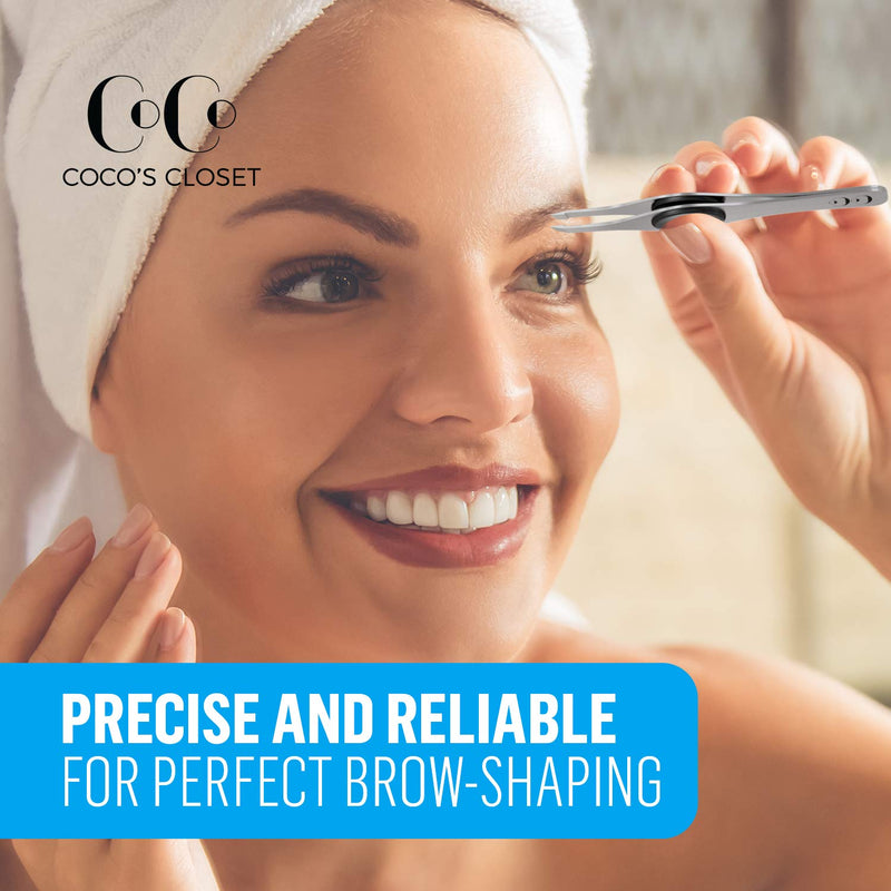 [Australia] - Coco’s Closet Tweezers for Eyebrows – Surgical grade Stainless Steel Slant Silver Tweezer - Precision for Ingrown Hair Removal 