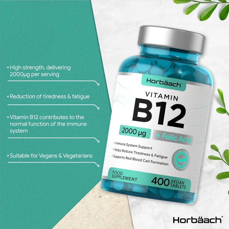 [Australia] - Vitamin B12 Complex 2000ug | 400 Vegan Tablets High Strength | with Folic Acid | by Horbaach 