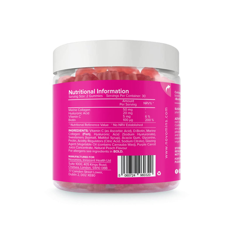 [Australia] - Collagen Gummies - Sugar Free Marine Collagen Gummies - Superior Type 1 Hydrolysed Collagen - Infused with Biotin, Vitamin C and Hyaluronic Acid - by Novomins 