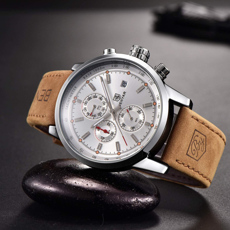 [Australia] - BENYAR Man's Classic Chronograph Watch, Casual Leather Band Wrist, Waterproof Wrist Watches for Men BY-5102 white 
