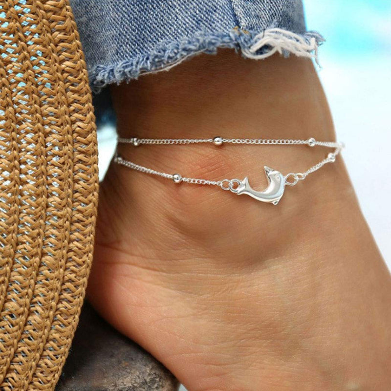 [Australia] - Dresbe Boho Beach Dolphin Anklet Silver Layered Anklets Beaded Ankle Bracelet Animal Foot Jewelry Chain for Women and Girls 