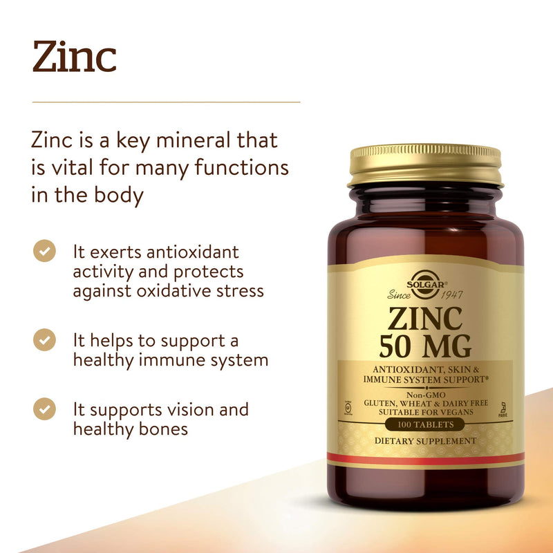 [Australia] - Solgar Zinc 50 mg, 100 Tablets - Zinc for Healthy Skin, Taste & Vision - Immune System & Antioxidant Support - Supports Cell Growth & DNA Formation - Non GMO, Vegan, Gluten Free - 100 Servings 100 Count (Pack of 1) 