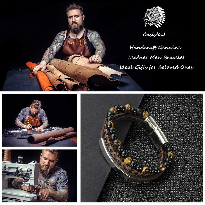 [Australia] - Mens Leather Bracelet – Classic Handmade Braided Black & Brown Cuff Bracelet with Engraved Magnetic Clasp FREE Jewelry GIFT Boxed Brown - Silver 17.5 Centimetres 