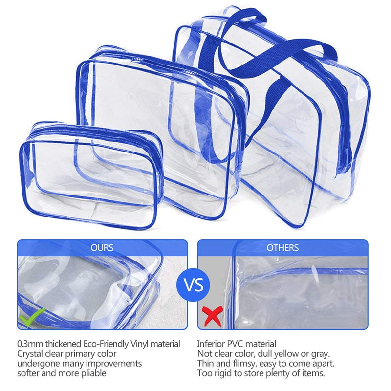 [Australia] - 3Pcs Clear Cosmetic Bag Air Travel Plastic Toiletry Pouch, Water Resistant Travel Toiletry Bag Set with Zipper Closure and Carrying Handle for Women Men, Make-up Brush Case Beach Pool Spa Gym Bags (Blue) Blue 