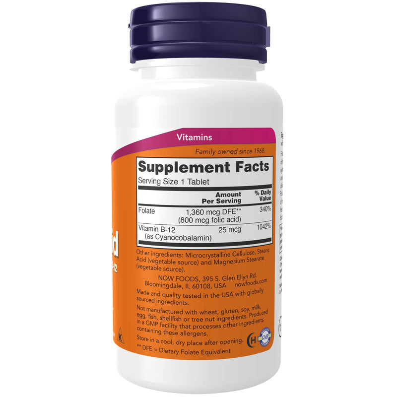 [Australia] - NOW Supplements, Folic Acid 800 mcg + B-12 (Cyanocobalamin) 25 mcg, B Complex Vitamin, 250 Tablets 