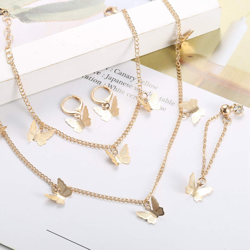 [Australia] - Florideco 4Pcs 14K Gold Plated Butterfly Choker Necklace Earrings Bracelet Ring Set for Women Ladies Gift Jewelry Dainty Chain Butterfly Pendant Necklace Cute Drop Dangle Hoop Earrings Rose Gold 