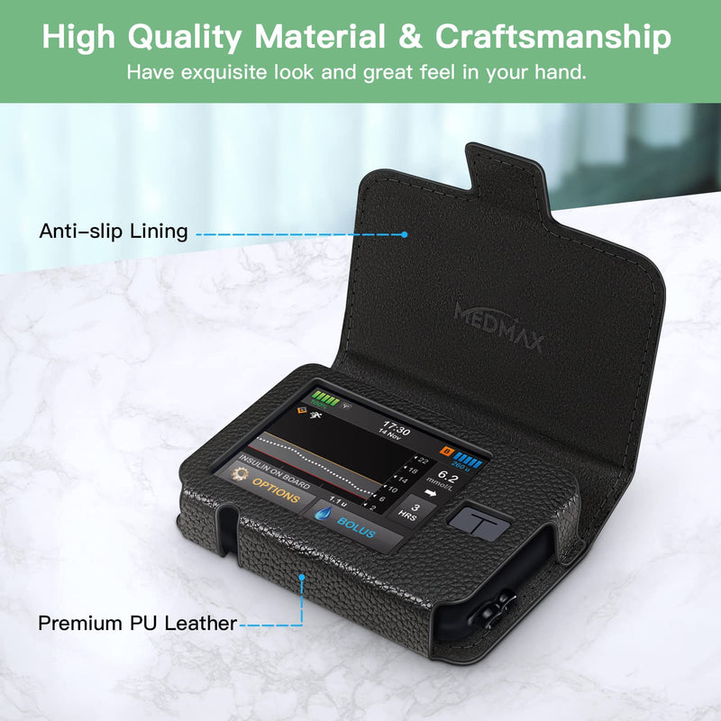 [Australia] - MEDMAX PU Leather Protective Case for Tandem T:Slim X2 / T:Slim Insulin Pumps, Lightweight Diabetic Storage Carrying Case with Belt Clip, (Black) Black 