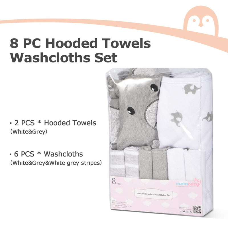 [Australia] - Hooded Baby Towel Set, Momcozy 8-Piece Baby Bath Towel Set, 2Pcs Baby Towel and 6Pcs Baby Wash Cloth, Soft and Super Absorbent Baby Washcloths for Toddlers, Baby Shower Set Cute Elephant Grey 