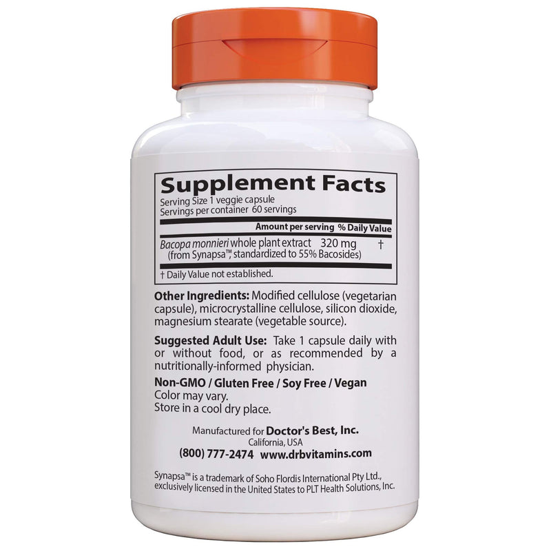 [Australia] - Doctor's Best Bacopa with Synapsa, Brain, Enhances Memory, Antioxidant, Non-GMO, Vegan, Gluten & Soy Free, 320 mg, 60 Count 
