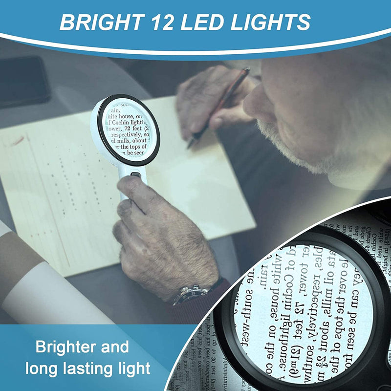 [Australia] - Magnifying Glass with 12 LED Lights, 30X Double Glass Lens Handheld Illuminated Magnifier Reading Magnifying Glass with for Seniors Read, Coins, Stamps, Map, Inspection, Macular Degeneration All White 