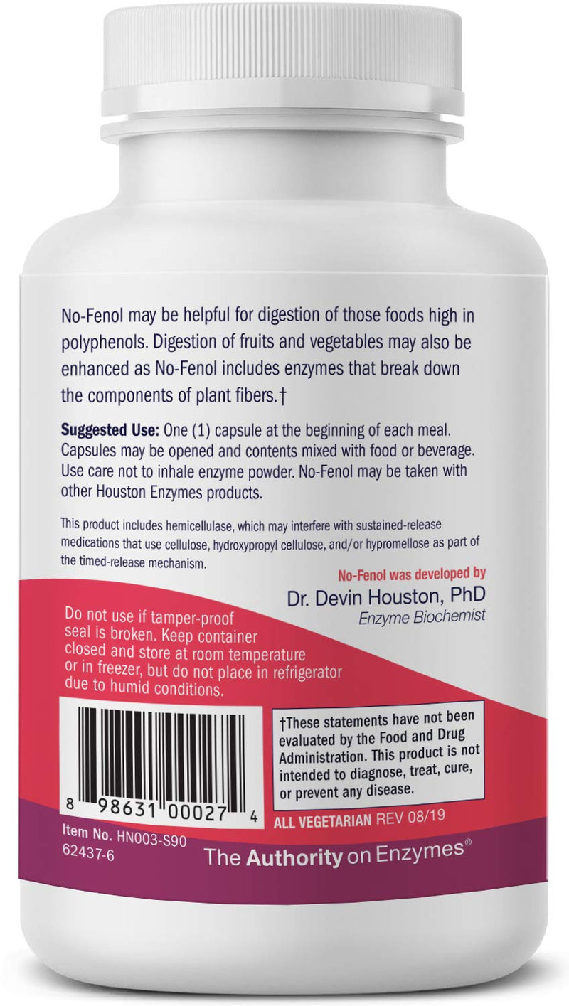 [Australia] - Houston Enzymes – No-Fenol Enzyme for Polyphenolic Foods – 90 Capsules (90 Doses) – Professionally Formulated to Support Polyphenolic Digestion – Enhances Breakdown of Fruits & Vegetable Fiber 90 Count (Pack of 1) 