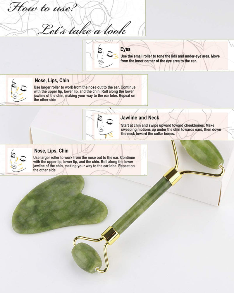 [Australia] - Jade Roller for Face, Jade Roller and Gua Sha Set, EUASOO 100% Real Natural Beauty Jade Facial Roller Massage Tool for Face Eyes Neck Body – Anti Aging Beauty Treatment 