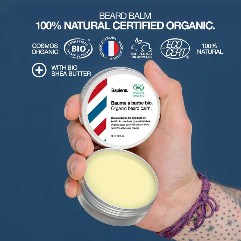 [Australia] - Beard Balm for Men 60ml Sapiens Barber Shop - Organic Certified by Ecocert - Beard and Moustache Wax with Shea Butter and Castor Oil - Moisturising and Structuring Beard Care Balm - Made in France 