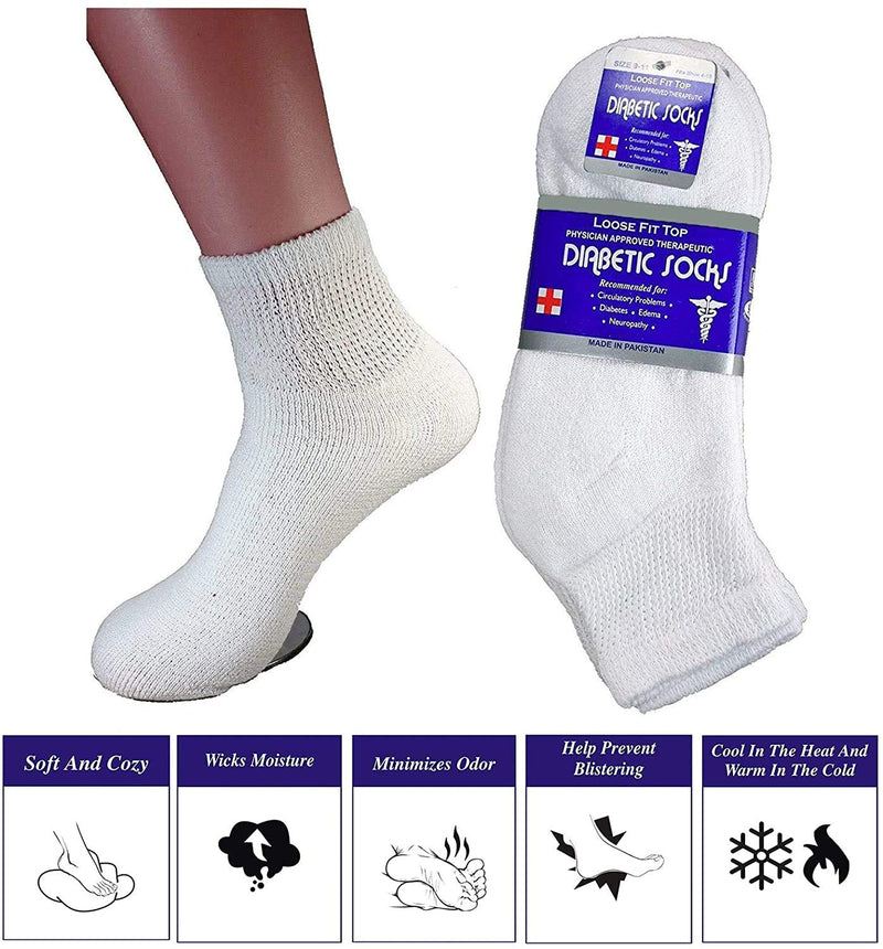 [Australia] - Diabetic Ankle Socks, Non-Binding Circulatory Doctor Approved Cushion Cotton Quarter Socks for Men’s Women’s 3,6,12 Pack 3 Pack White Men's Women's 9-11/Fits Shoe Size 5-10 