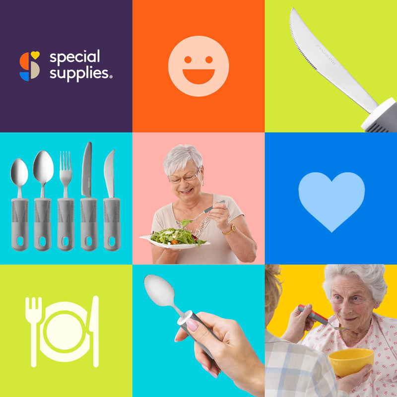 [Australia] - Special Supplies Adaptive Utensils (5-Piece Kitchen Set) Wide, Non-Weighted, Non-Slip Handles for Hand Tremors, Arthritis, Parkinson’s or Elderly Use - Stainless Steel Knives, Fork, Spoons - Grey 