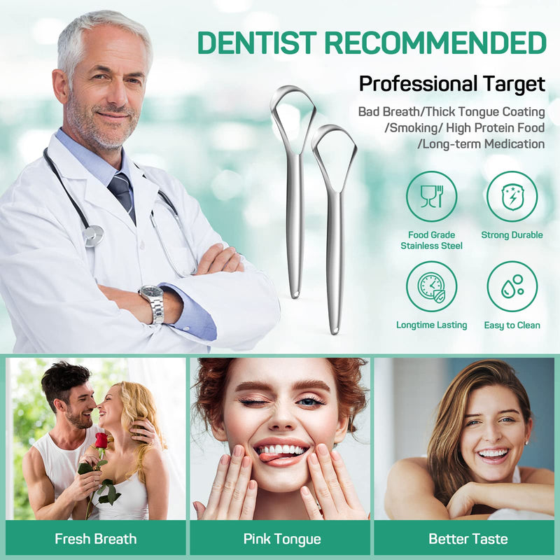 [Australia] - RONAVO Tongue Scraper, 2 Pack Tongue Cleaner for Oral Hygiene and Fresh Breath, Stainless Steel Tongue Scrapers for Adults, Dentist Approved, Easy to Use and Clean Wider Tongue Scraper(silver) 