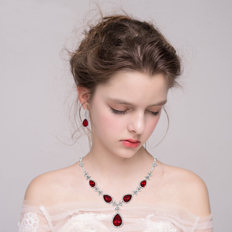 [Australia] - BriLove Women's Wedding Bridal Crystal Floral Leaf Teardrop Y-Necklace Bracelet Earrings Ring Set Ruby Color Silver-Tone 