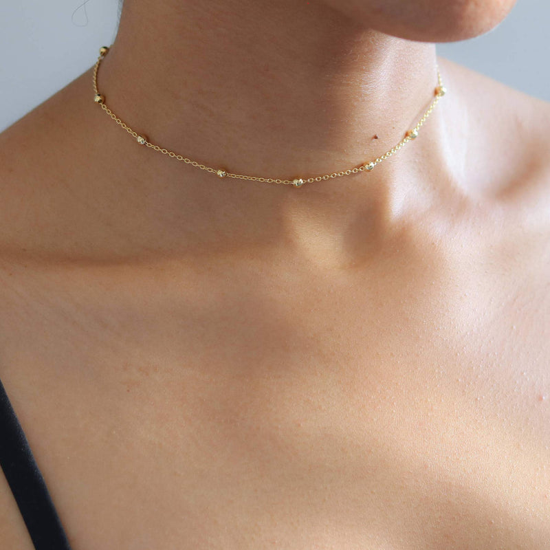 [Australia] - Gold Dainty Heart/Pearl/Cross Choker Necklace,14K Gold Plated Tiny Delicate Bead Link Wave Chain Minimalist Choker Necklace for Women bead GD 
