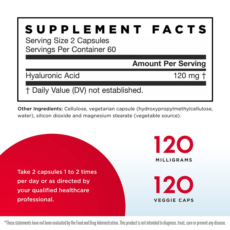 [Australia] - Jarrow Formulas Hyaluronic Acid 60 mg - 120 Veggie Caps - Bioavailable & Naturally Derived - Supports Skin Health - Pure Hyaluronic Acid - 60 Servings 120 Count (Pack of 1) 