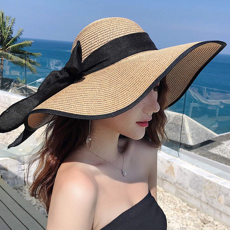 [Australia] - Women's Wide Brim Sun Protection Straw Hat,Folable Floppy Hat,Summer UV Protection Beach Cap C1-e-khaki 