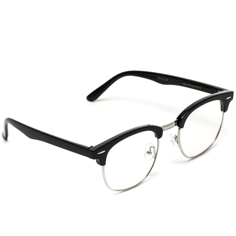 [Australia] - Vintage Inspired Blue Light Blocking Glasses Classic Half Frame Horn Rimmed Clear Lens Black Silver 52 Millimeters 