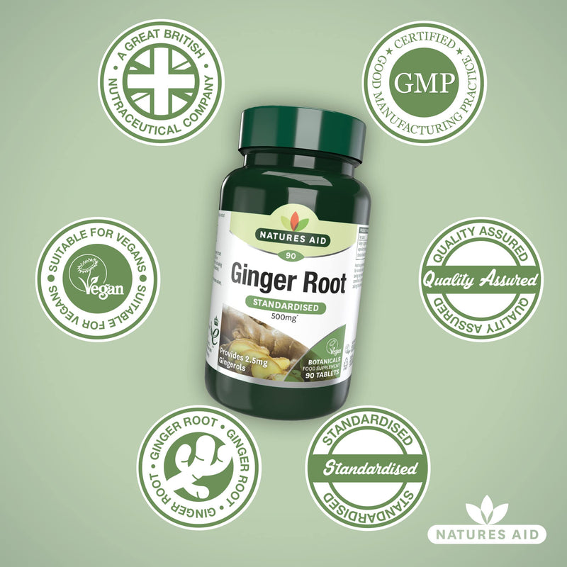 [Australia] - Natures Aid Ginger Root 500 mg 90 Tablets (Botanical Supplement, Providing Gingerols and Shogaols, Vegan Society Approved, Made in the UK) 