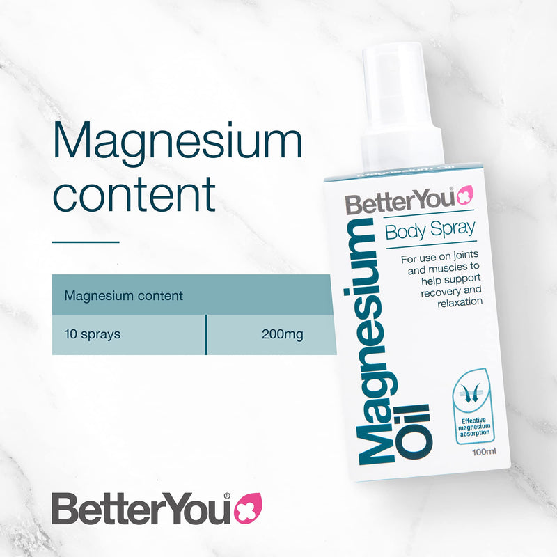 [Australia] - BetterYou Magnesium Oil Body Spray | Pure, Clean and Natural Source of Magnesium Chloride | Magnesium Spray | Vegan & Palm-Oil Free | 100ml (600 Sprays) Single 