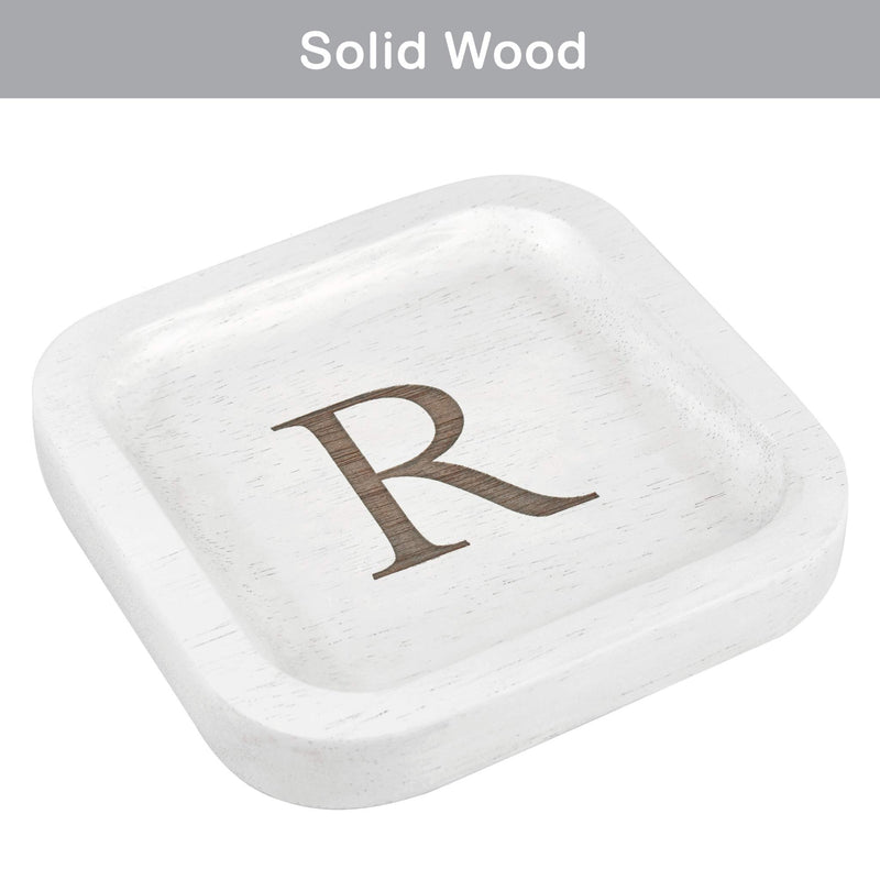 [Australia] - Solid Wood Personalized Initial Letter Jewelry Display Tray Decorative Trinket Dish Gifts For Rings Earrings Necklaces Bracelet Watch Holder (6"x6" Sq White "R") 6"x6" Sq White "R" 