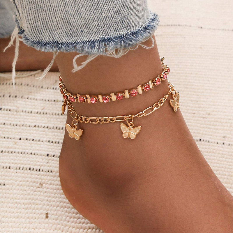 [Australia] - Bodiy Boho Butterfly Ankelts Gold Crystal Ankle Bracelets Beach Layered Ankle Chain Foot Jewelry for Women and Girls 
