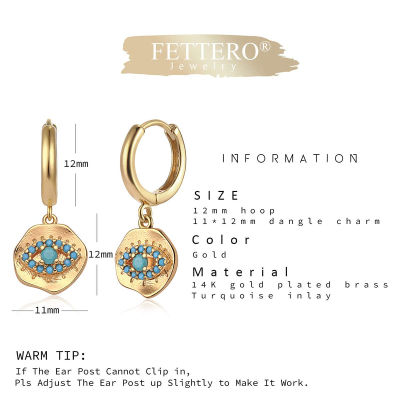[Australia] - Fettero Evil Eye Earrings Gold Huggie Hoop Turquoise Inlay Irregular Coin Embossed Dangle Drop 14K Gold Plated Dainty Minimalist Simple Boho Hypoallergenic Jewelry for Women Men Mother's Day Gift 