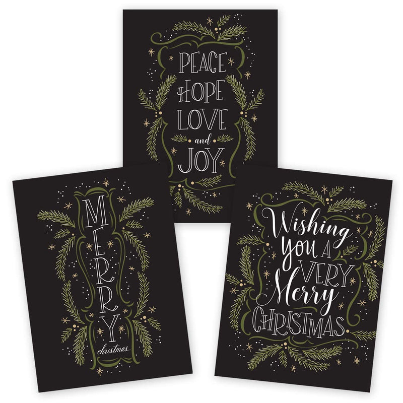 [Australia] - Christmas Pines Typography Christmas Holiday Card Assortment Pack - Set of 24 cards, 3 designs. 5'' x 7'' folded, verses inside. Made in the USA. Blank white envelopes. 