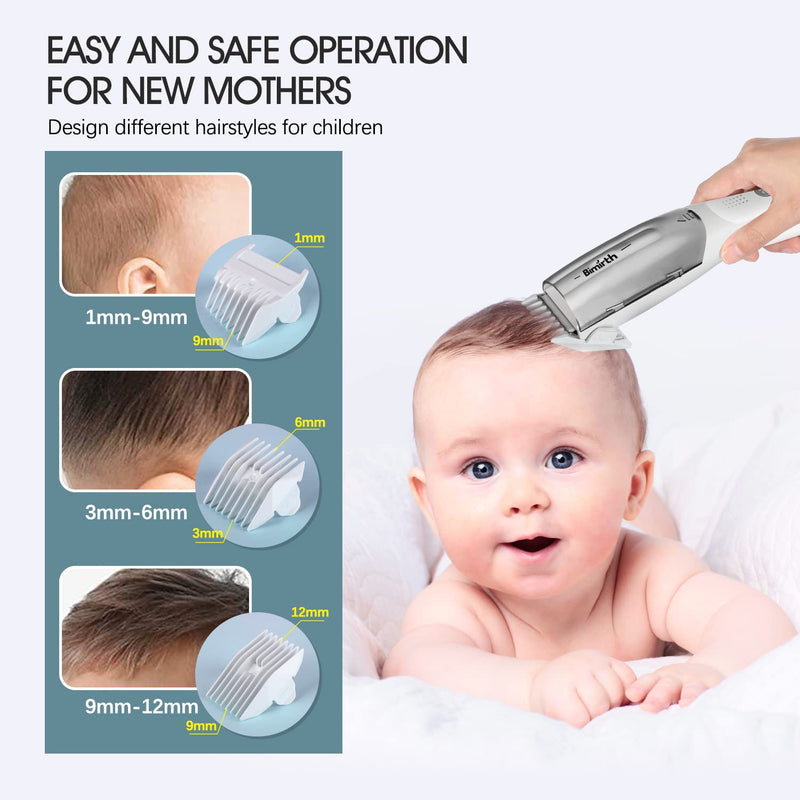 [Australia] - Bimirth Baby Hair Clipper, Silent Hair Clippers for Children, Quiet Kids Hair Trimmer, Cordless Toddler Haircut Machine in Bag for Easy Storage, USB Rechargeable, Waterproof, 3 Guide Combs (Vacuum) white-S15 