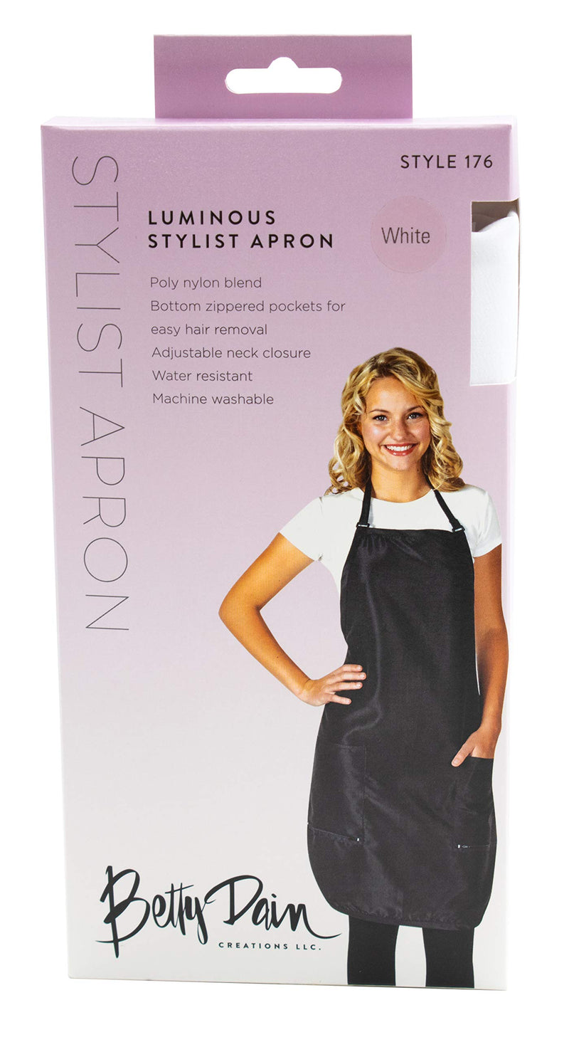 [Australia] - Betty Dain Luminous Salon Stylist Apron, Classic Design, Bottom Zipper Pockets, Adjustable Neck Strap, Lightweight, Water-Resistant Poly Nylon Blend Repels Hair, Easy Care, White 