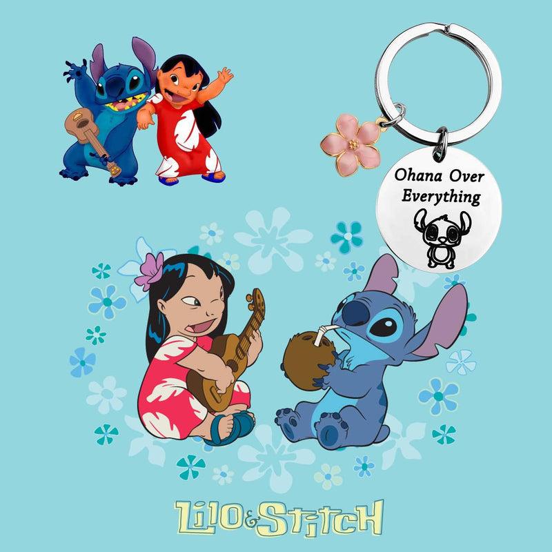 [Australia] - TIIMGOhana Gift Funny Stitch Gift Lilo & Stitch Inspired Gift Hibiscus Flower Jewelry Stitch Keychain Ohana Over Everything Hawaiian Trip Gift 