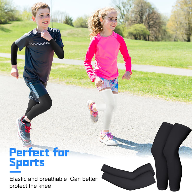 [Australia] - 4 Pairs Kids Long Compression Leg Sleeves and Compression Arm Sleeves Youth Basketball Leg Sleeves Black and White Large 