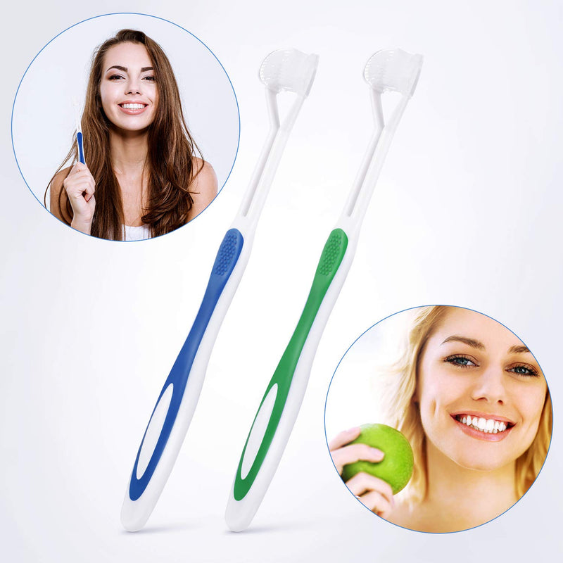 [Australia] - 2 Pieces 3 Sided Autism Toothbrush Three Bristle Travel Toothbrush for Complete Teeth and Gum-Care, Great Angle Bristles Clean Each Tooth, Soft/Gentle (Green, Blue) Green, Blue 