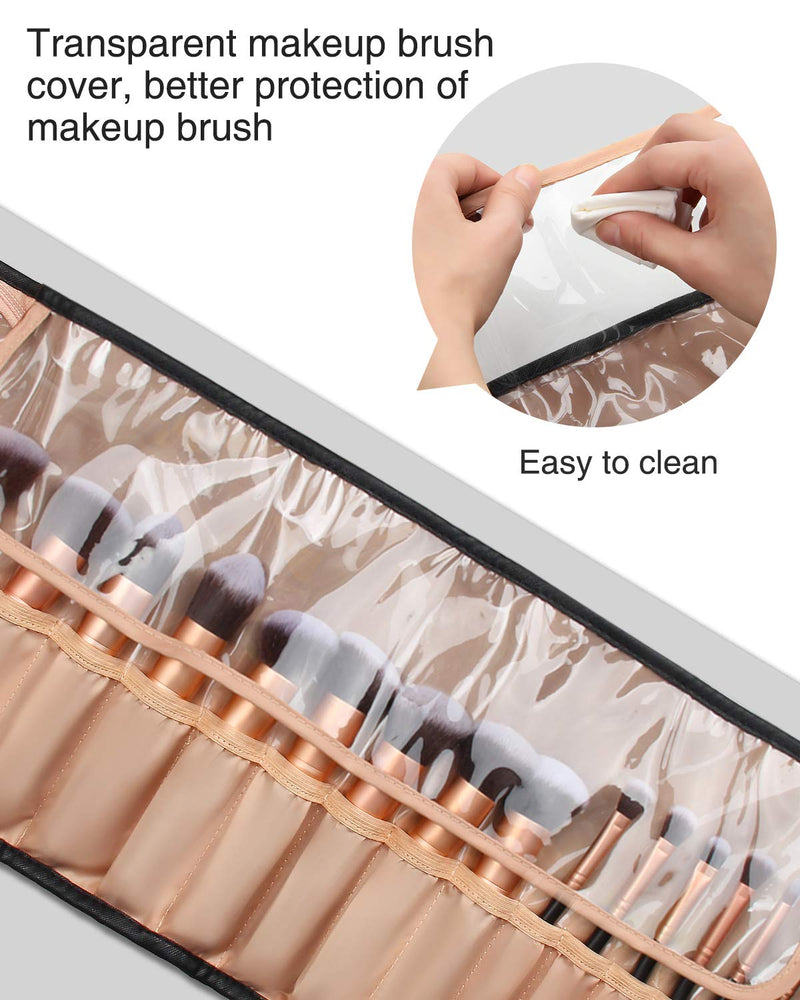 [Australia] - Relavel Makeup Brush Rolling Case Makeup Brush Bag Pouch Holder Cosmetic Bag Organizer Travel Portable Cosmetics Brushes Black Leather Case with Small Clear Bag 15 Slots 