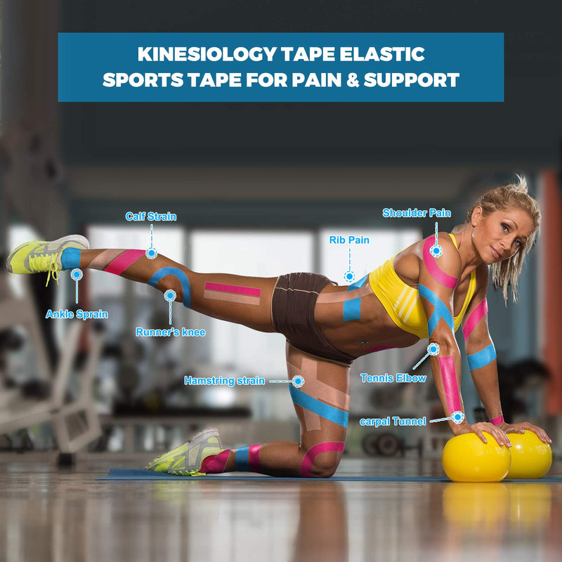 [Australia] - Kinesiology Tape (4 Pack) Athletic Tape 16.4ft Water Resistant Kinetic Uncut Sports Tape for Knees, Ankles, Shoulder, Pain Relief, Injury Recovery and Physio Therapy 2pink 2blue 