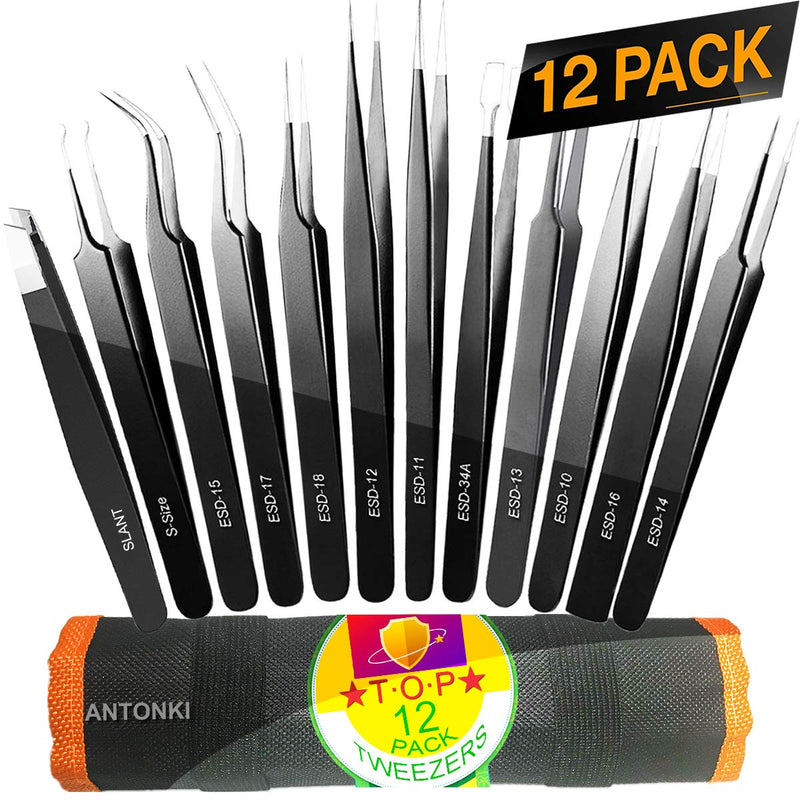 [Australia] - Tweezers, Precision Tweezer Set, Craft Tweezers, Soldering Tweezers, Jewelry Tweezers, Ingrown Tweezers, Eyelash Extension Tweezers, Eyebrow Tweezers - 12 Pack Super Valued Set with Handy Case 12 Pack Precision Tweezers w/ Case - Orange 