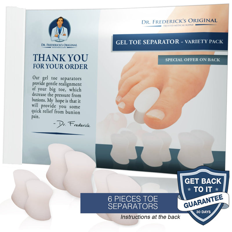 [Australia] - Dr. Frederick’s Original Gel Toe Separators - 6 Pieces - Variety Pack - Bunion Treatment - Small, Medium and Large Sizes 6 Piece Assortment 