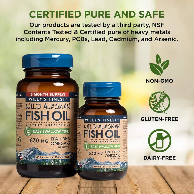 [Australia] - Wild Alaskan Omega-3 Fish Oil - Easy Swallow Minis 2X Double Strength 630mg EPA + DHA Natural Supplement 180 Mini Softgels 180 Count (Pack of 1) 