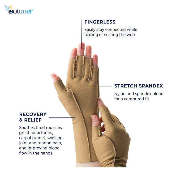 [Australia] - isotoner Women & Men Arthritis Compression Rheumatoid Pain Relief Gloves for joint support with Open/Full finger design Camel Medium One Pair of Open Finger Gloves 