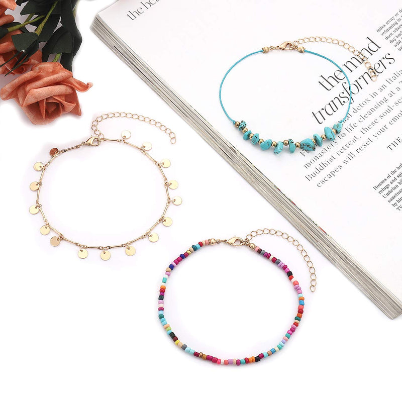[Australia] - YAHPERN Anklets for Women Girls Color Beads Turquoise Drop Sequin Charm Adjustable Ankle Bracelets Set Boho Multilayer Beach Foot Jewelry gold 