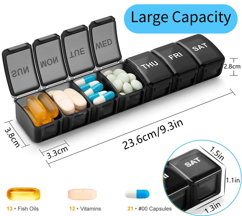 [Australia] - Weekly Pill Organiser Box Tablet Organiser, BPA Free Travel Pill Boxes 7 Day 1 Times a Day Large Tablet Box to Hold Vitamins, Cod Liver Oil, Supplements and Minerals Medication Tablets Holder, Black 