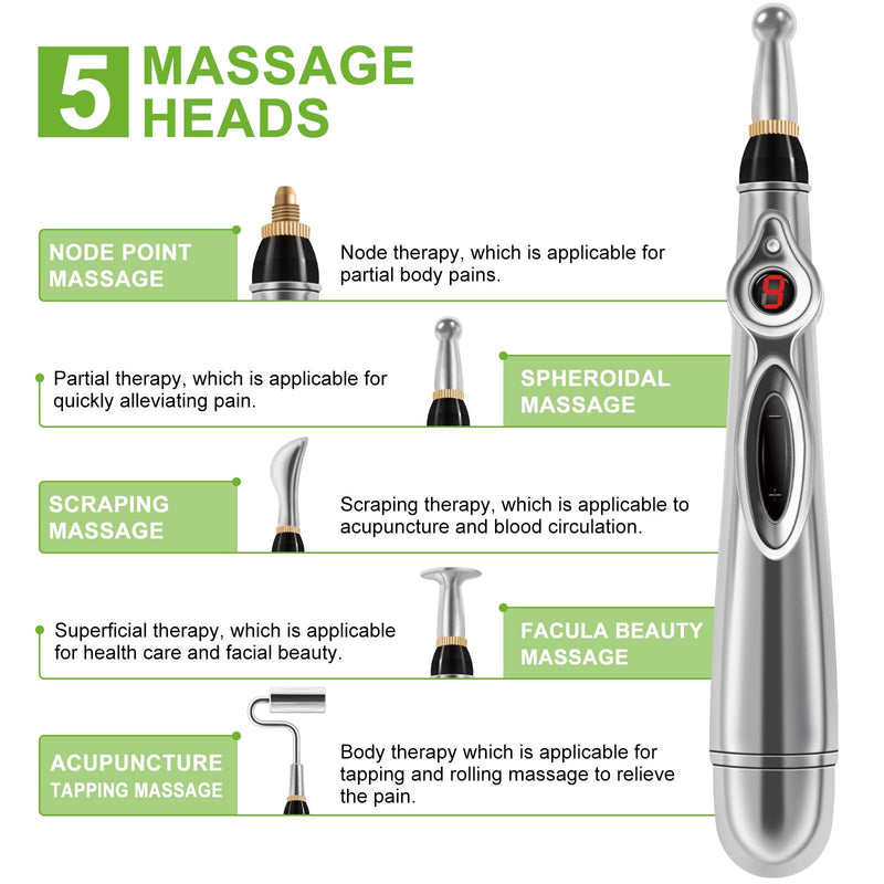 [Australia] - Acupuncture Energy Pen, Pulse Relief Massage Pen with 5 Massage Heads,Pain Relief Therapy Electric Meridians Acupuncture Machine Meridian Energy Pen for Pain Relief， Nine Power Levels 