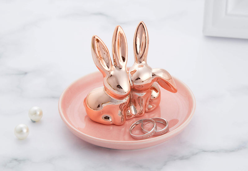 [Australia] - Jojuno Bunny Rabbit Ring Holder Jewelry Dish Pink Ceramic Plate Jewel Display Organizer Trinket Tray 